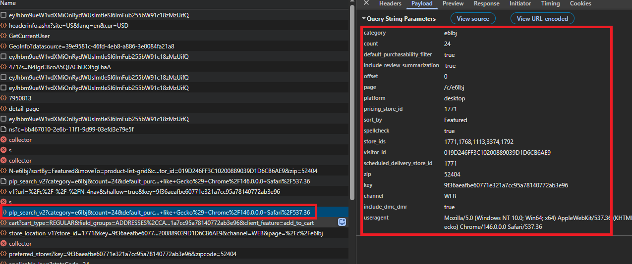 DevTools Network tab showing the full plp_search_v2 query string with required parameters