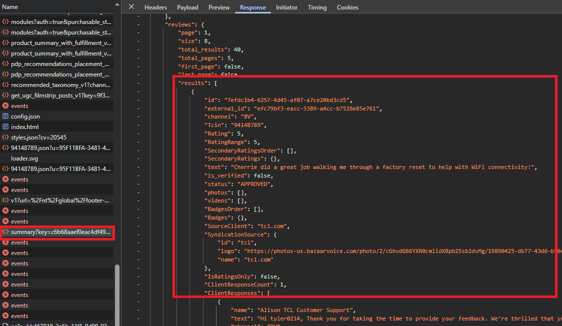 DevTools Response tab showing one page of the r2d2 reviews response