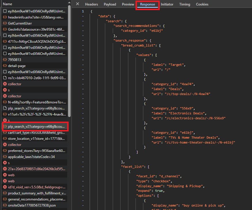 Raw JSON response from plp_search_v2 showing one product object structure