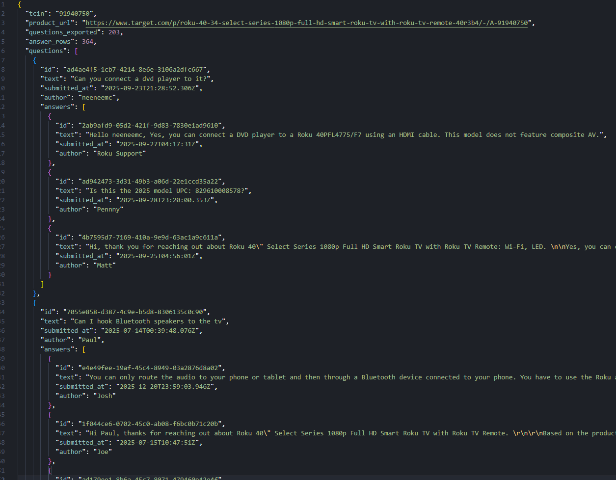 Contents of target-questions-sample.json showing a question with nested answers
