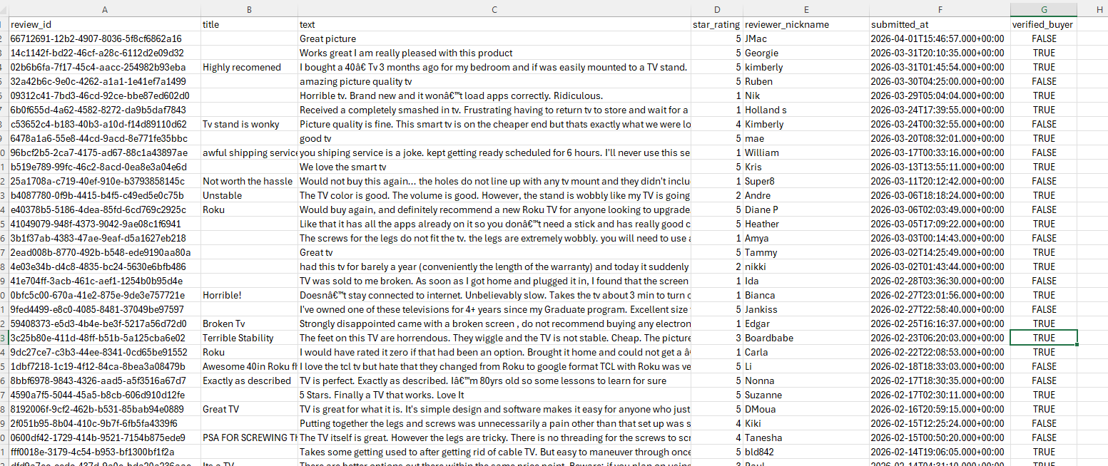 Target reviews exported to CSV