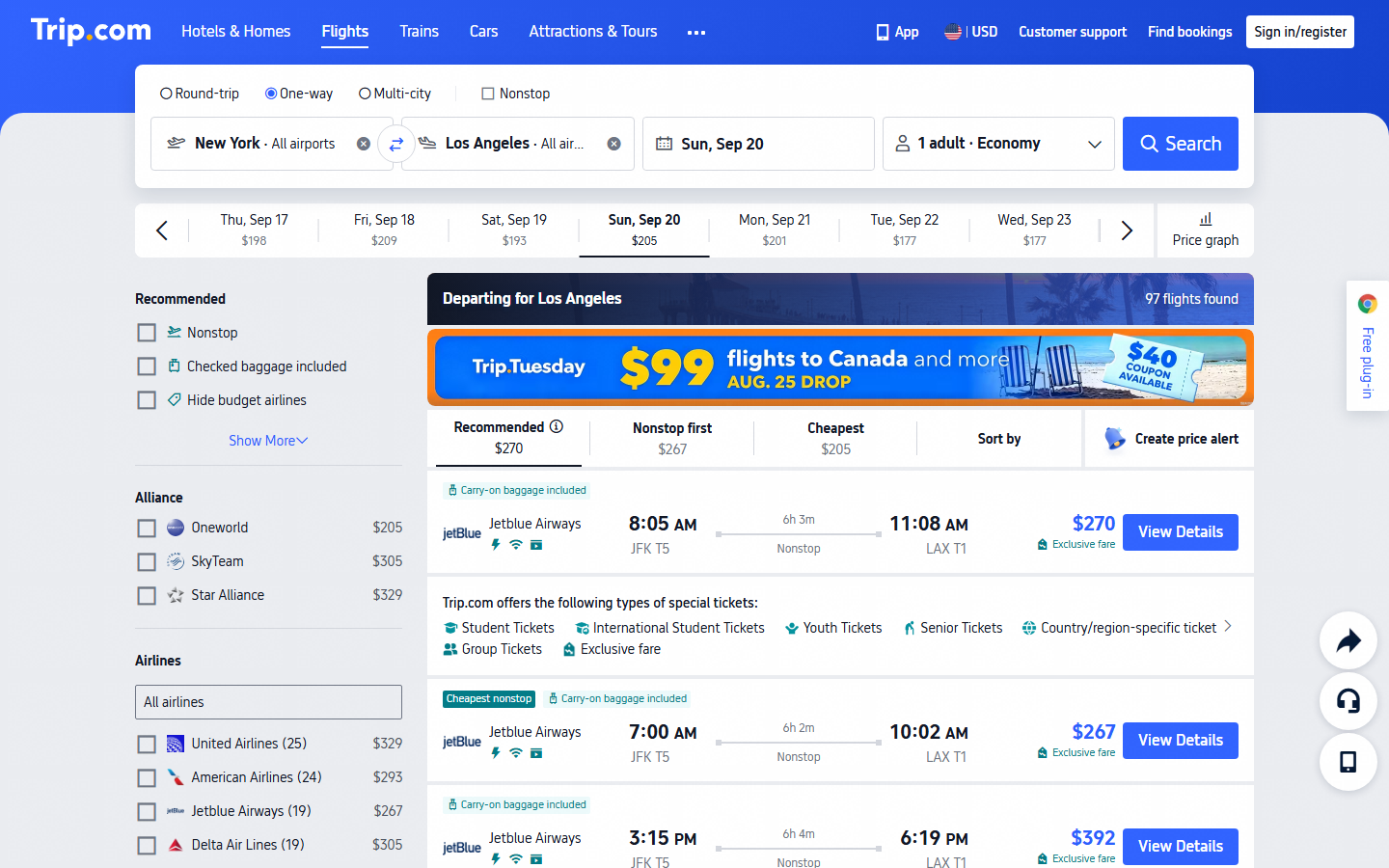 Trip.com NYC to LAX one-way flight results in a real Chromium: "97 flights found", the Nonstop first and Cheapest tabs, and fare cards with prices