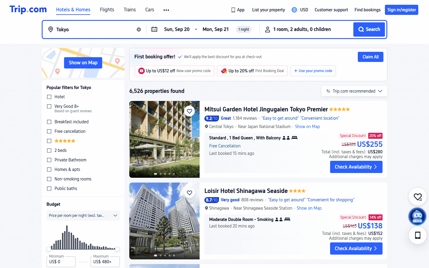 Trip.com Tokyo hotel list in a real Chromium: "6,526 properties found" and two hotel cards with a nightly price and the total with taxes line