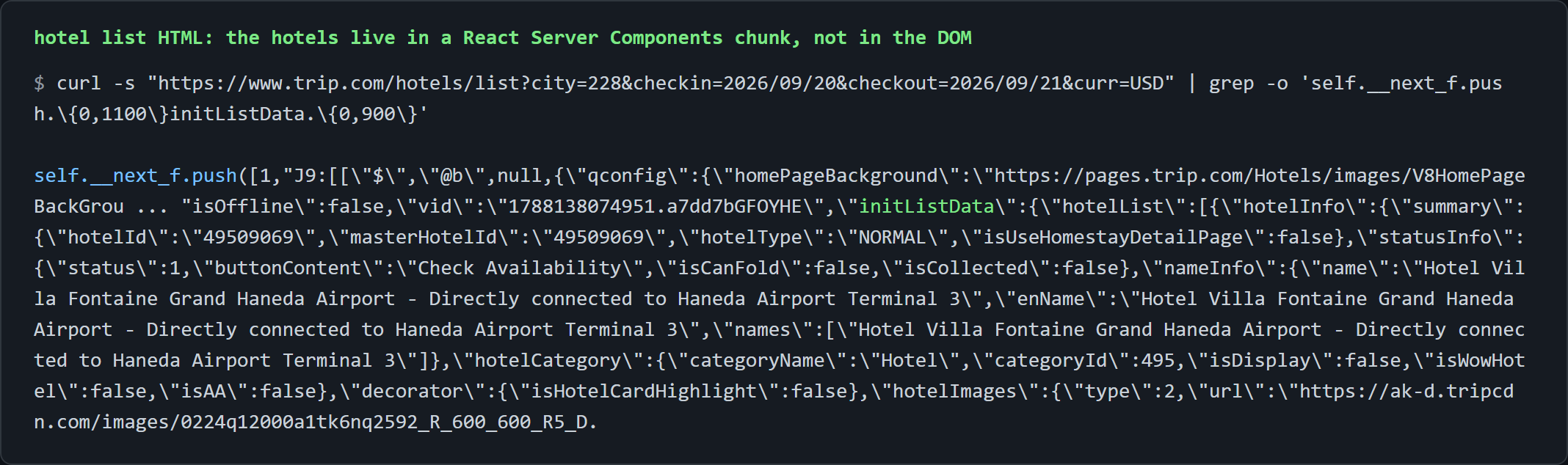 curl and grep on the Trip.com list HTML showing the self.__next_f.push chunk and the escaped initListData object with the first hotelId and hotel name