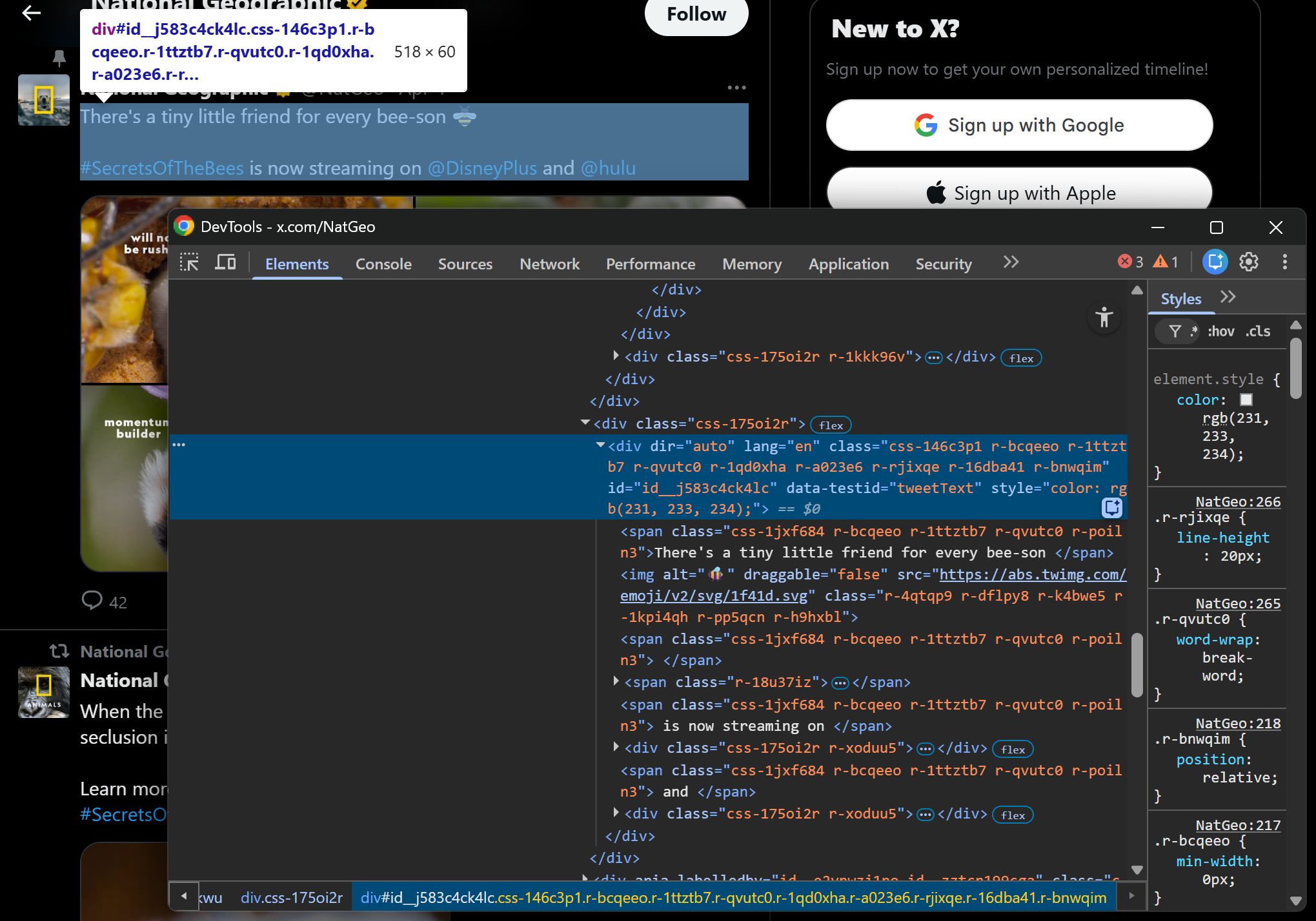 Inspect the Tweet content HTML node