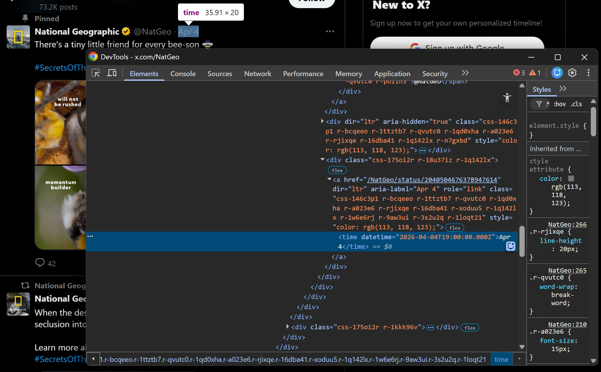 Inspecting the Tweet publication date HTML node