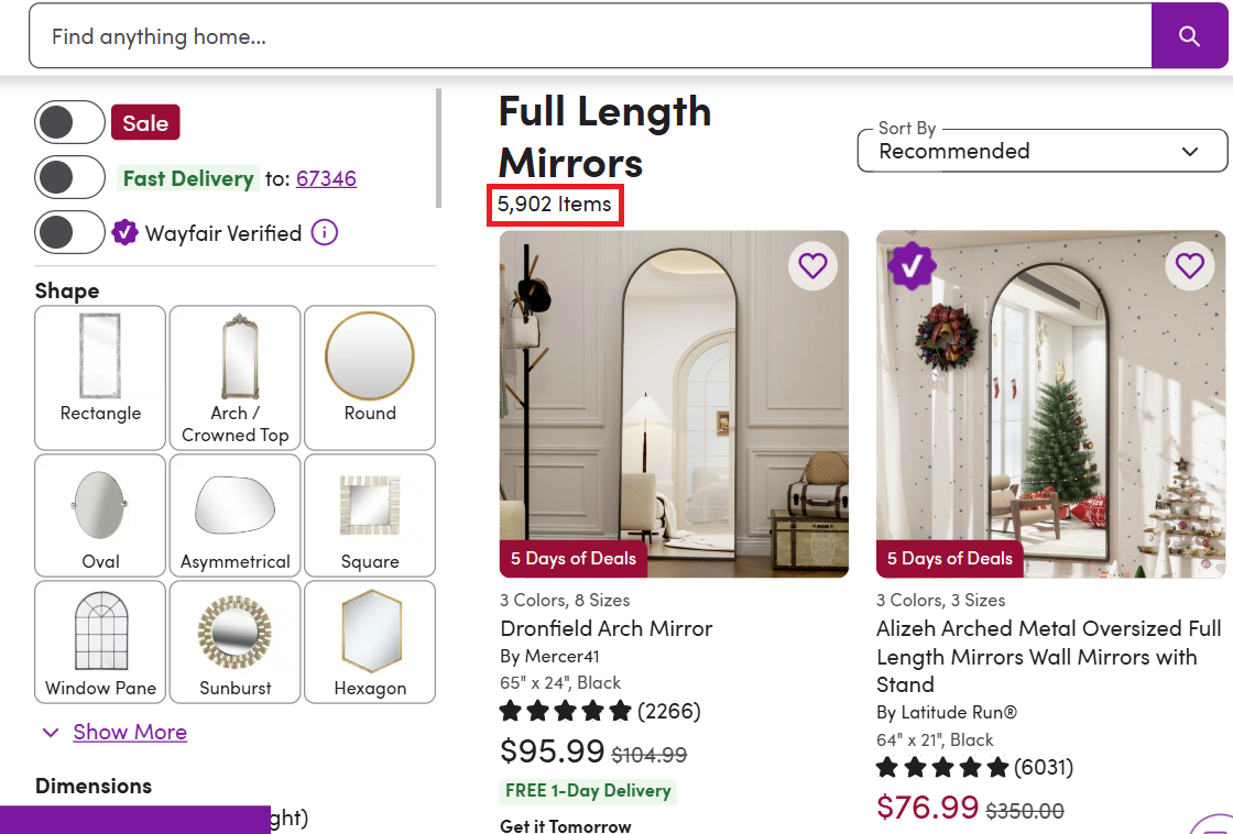 wayfair category page showing total product count