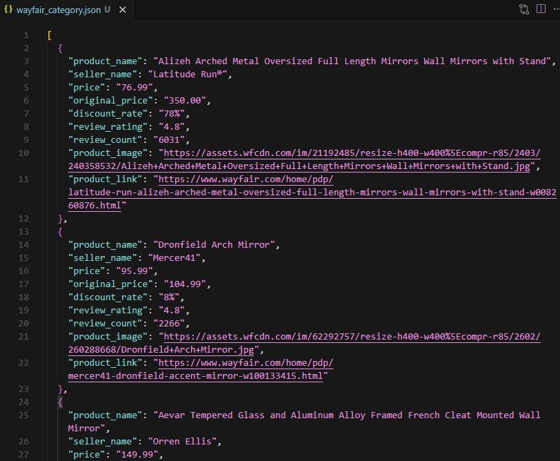 wayfair category scraper JSON output with product data