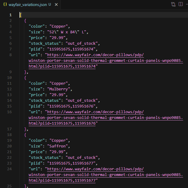 wayfair product variations scraper JSON output