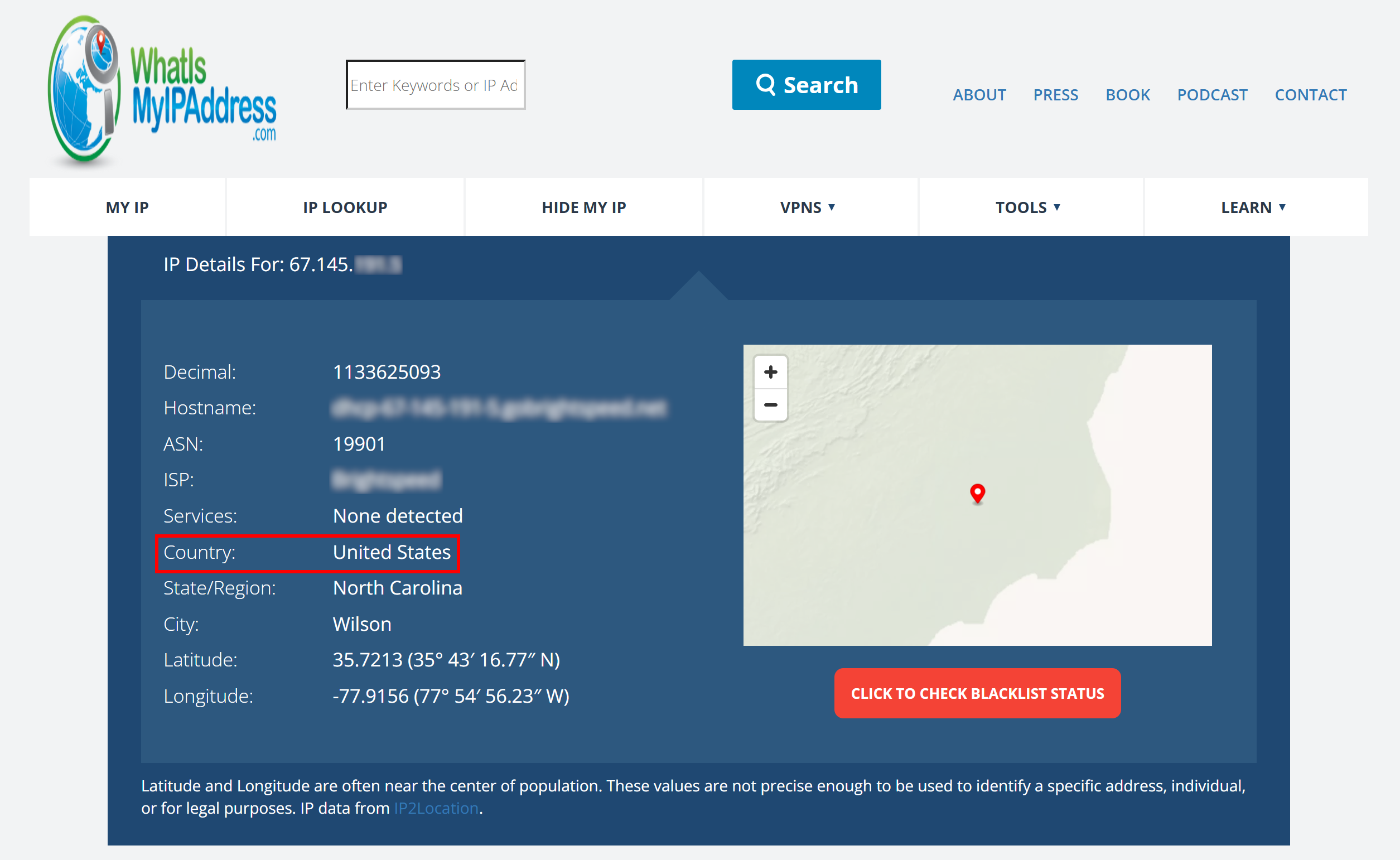 The response from the What Is My IP Address IP Lookup form
