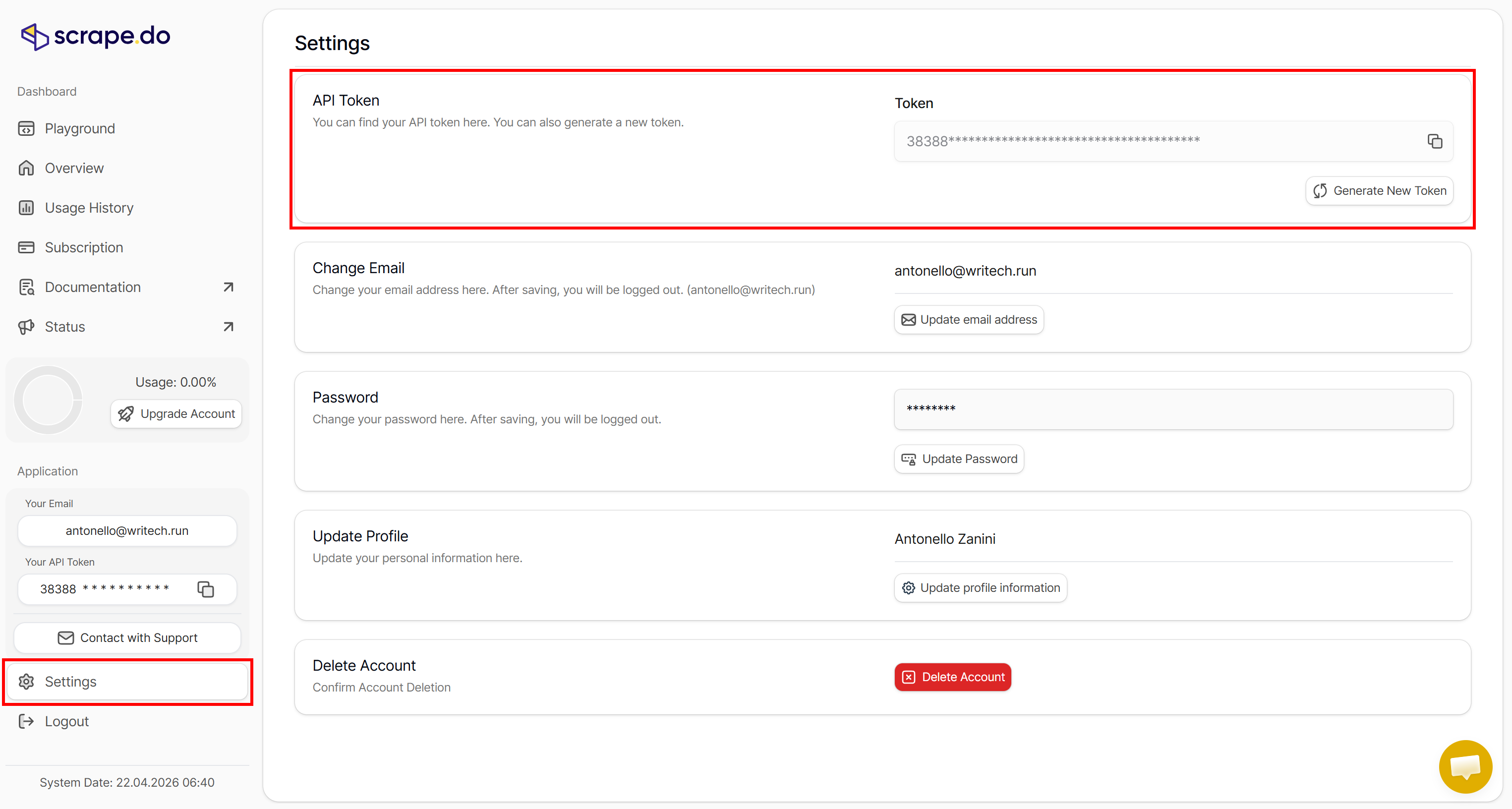 Managing the Scrape.do API tokens in the dashboard