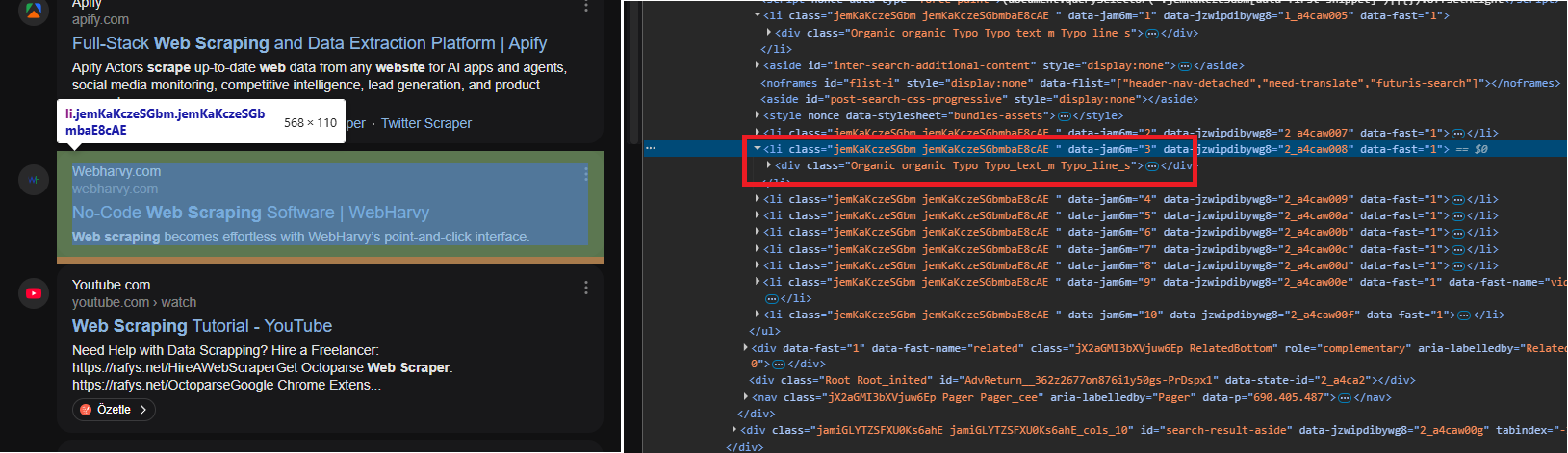 DevTools showing SERP selectors