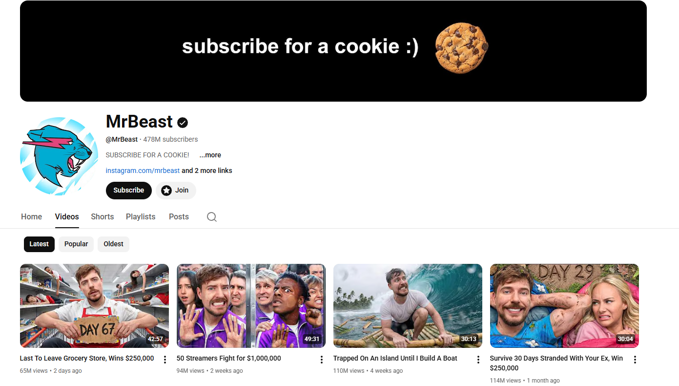 Annotated browser view of the @MrBeast/videos channel page with the avatar element (top-left circular profile picture) and the banner image (top header strip) both highlighted, alongside the matching JSON paths in the youtube-channel.json output file showing the resolved yt3.googleusercontent.com URLs for each