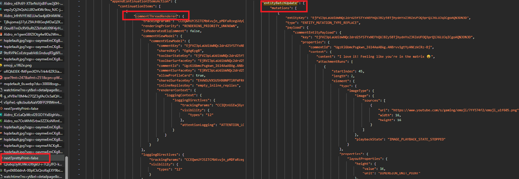 Annotated DevTools view of a /youtubei/v1/next response in the Network tab showing both the commentThreadRenderer array on the left side (with commentId references but no text content) and the parallel frameworkUpdates.entityBatchUpdate.mutations array on the right side (with commentEntityPayload objects containing the actual text, author displayName, like count, and reply count)
