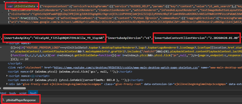 Annotated DevTools view of a YouTube watch page source showing four highlighted strings on the same page: the var ytInitialData declaration, the var ytInitialPlayerResponse declaration, the embedded INNERTUBE_API_KEY, and the INNERTUBE_CLIENT_VERSION value