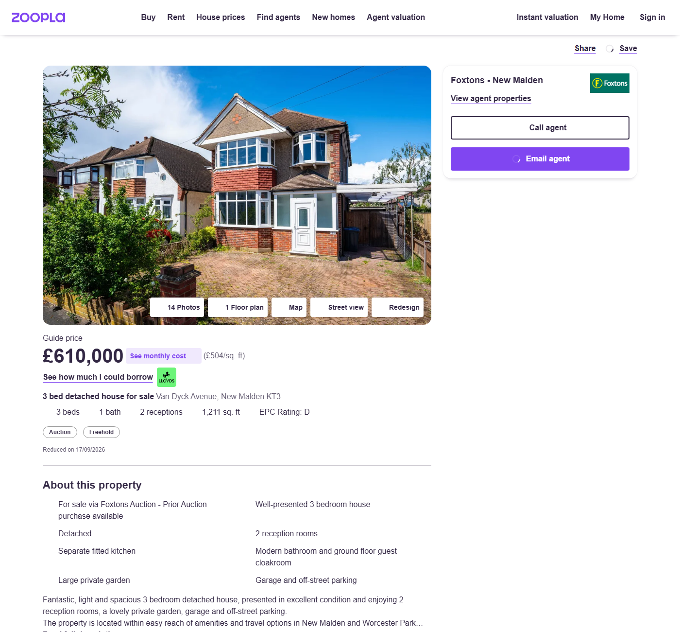 Zoopla property detail page for a Van Dyck Avenue house showing the price, amenity row, EPC rating, tags list and features list that the detail scraper reads
