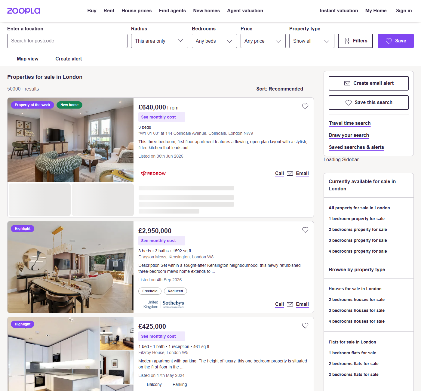 Zoopla London for-sale search results page showing the card grid with prices, bed and bath counts, status badges and estate agent logos all present in the rendered page